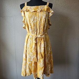 Roxy Womens XL Yellow Tropical Sundress Ruffle Strap Tie Waist Beach Dress P707